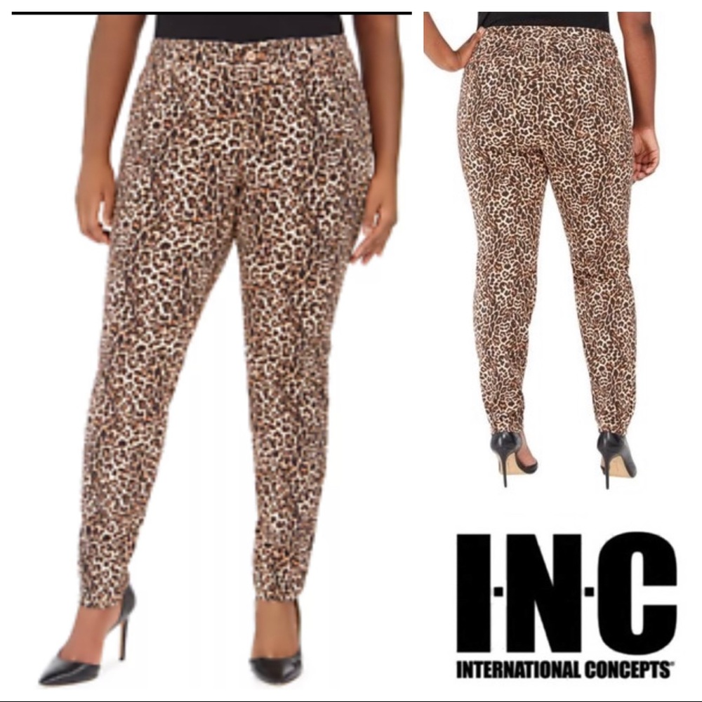 INC 24W Leopard Stretch Jeans Mid Rise 5 Pocket Skinny Tummy Control Tan Pants